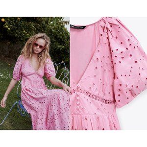 NEW ZARA openwork embroidered pink 0881 dress
